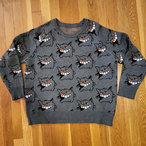 NWOT Pokémon Gengar Knit Sweater Gray Retro Pixel Design Sz Women's L, Men's M - Picture 1 of 8